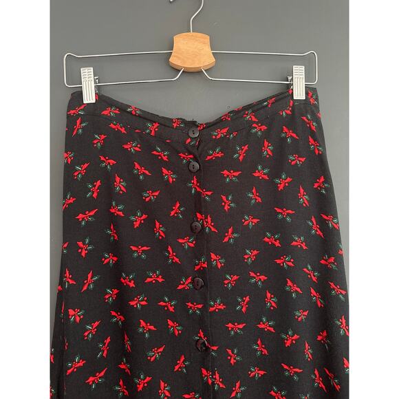 Vintage Nutcracker Holly Print Christmas Holiday Black Midi Button Front Skirt L - Picture 2 of 8